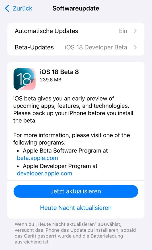 毛道乡苹果手机维修分享苹果 iOS / iPadOS 18 开发者预览版 Beta 8 发布 